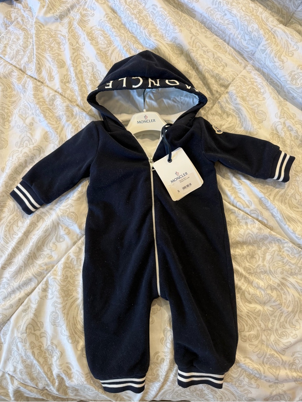 Brand New Moncler Navy blue fleece Hooded Baby One-Piece with Striped Trim